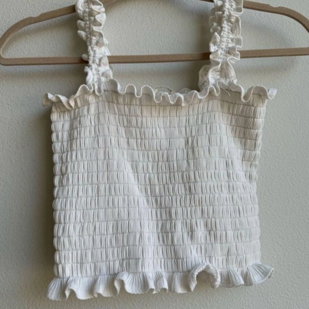 Reformation White Leonore Smocked Ruched Feminine Romantic Tank Top Size Large